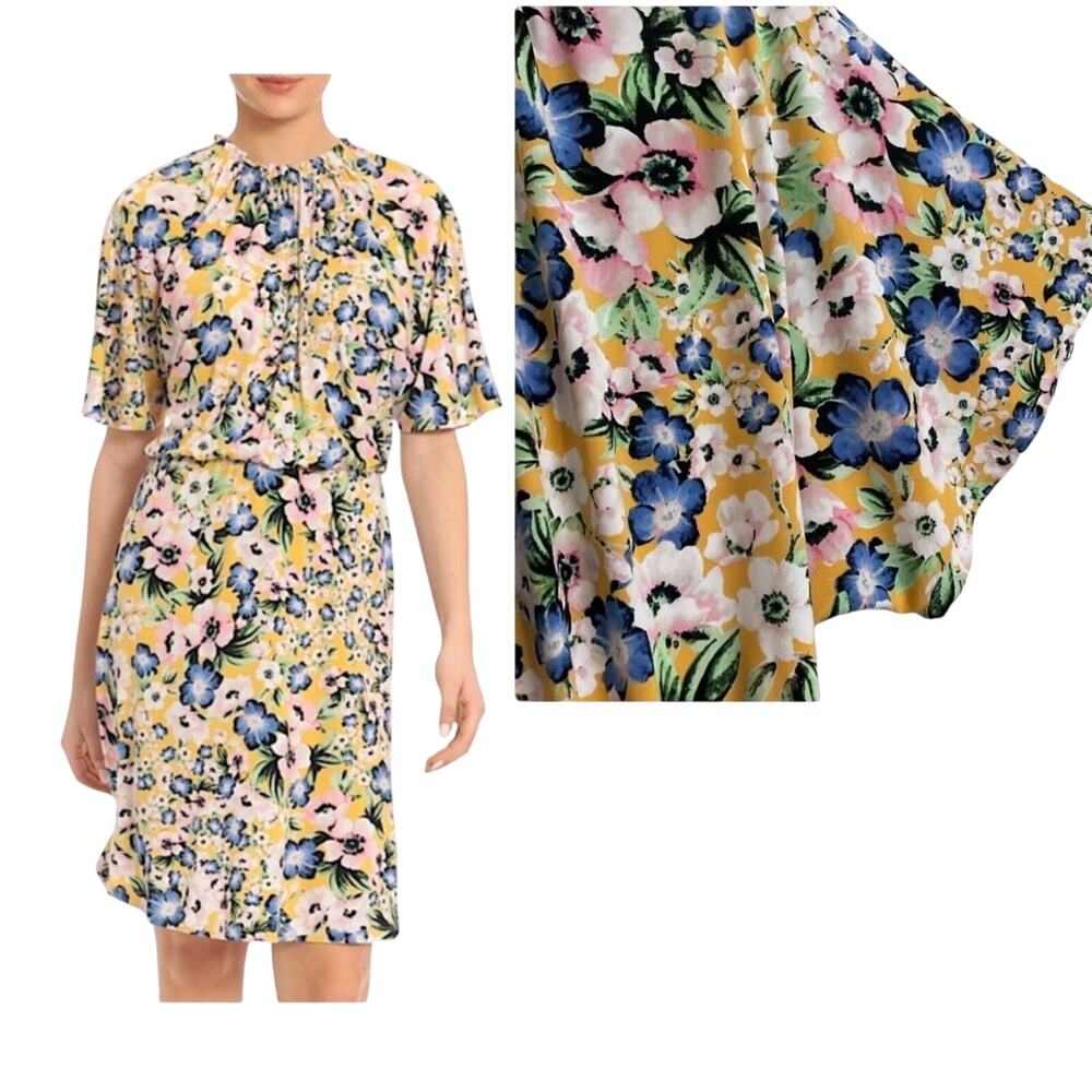 MAGGIE LONDON DRESS Plus Size 18W Women' Gold Blue Ruffle Ditsy Print Mini Dress
